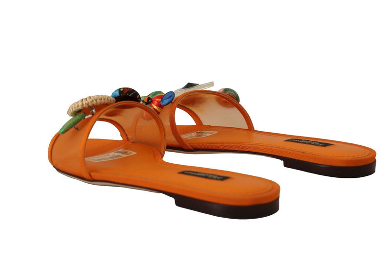 Orange Mesh Embellished Slides Flats Shoes