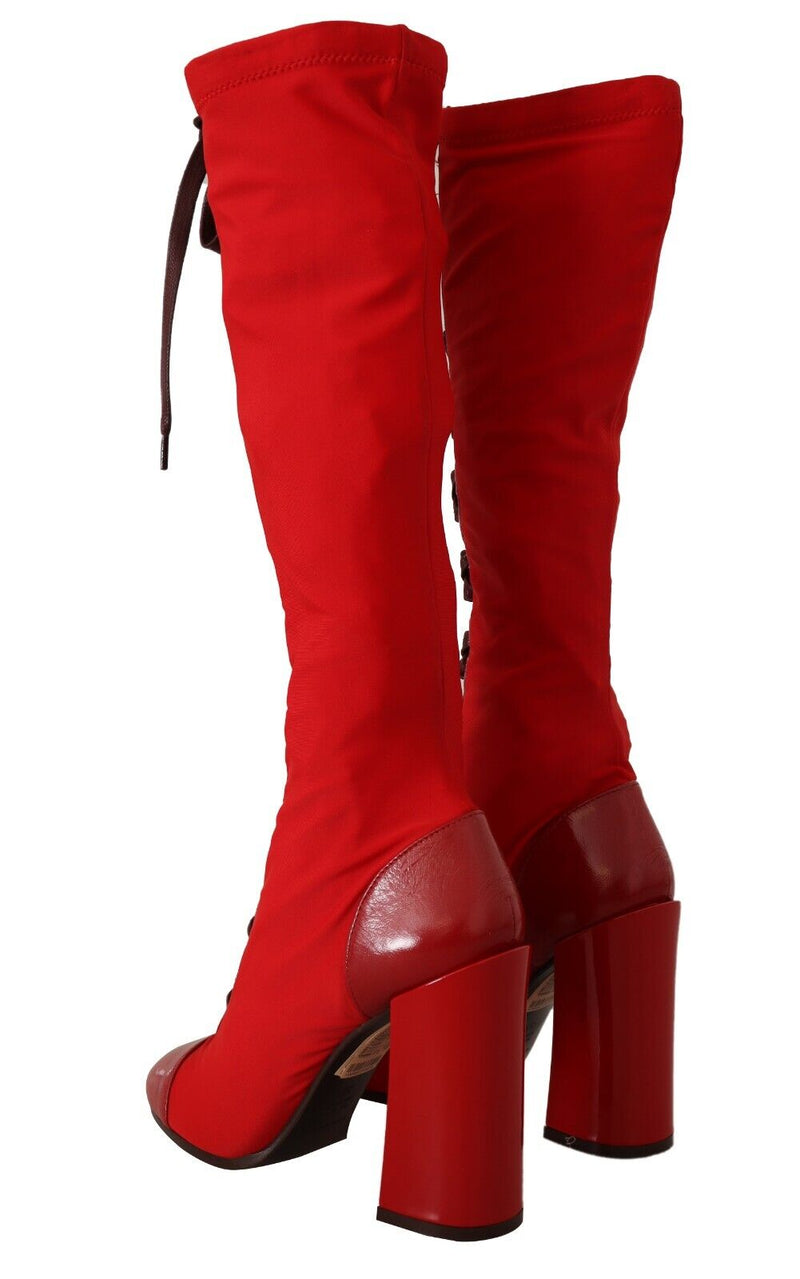 Red Stretch Lace Up Knee High Boots Shoes